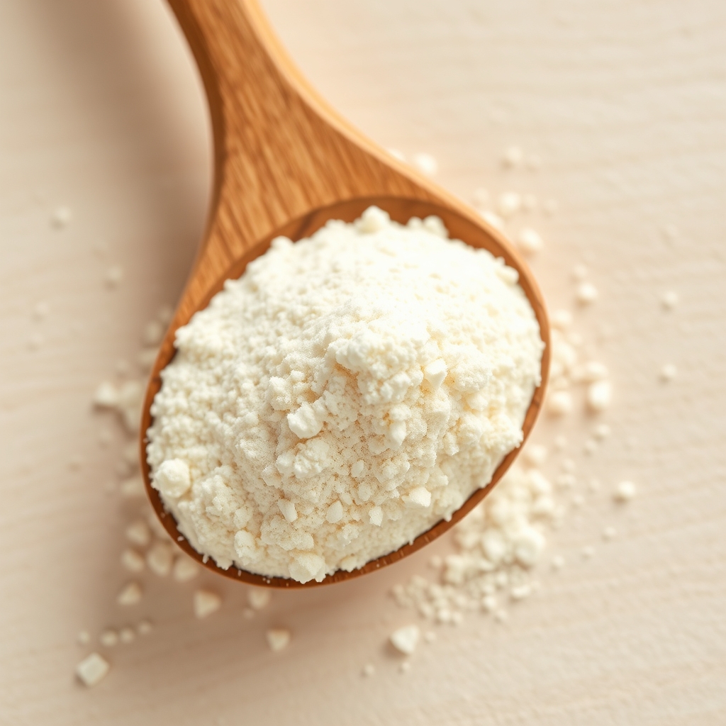 Psyllium husk powder in a wooden spoon against a light background with natural texture
