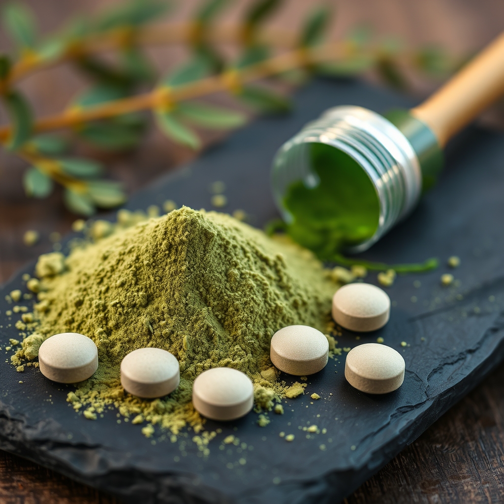 Spirulina powder and pressed tablets displayed on a slate surface with a natural green tone