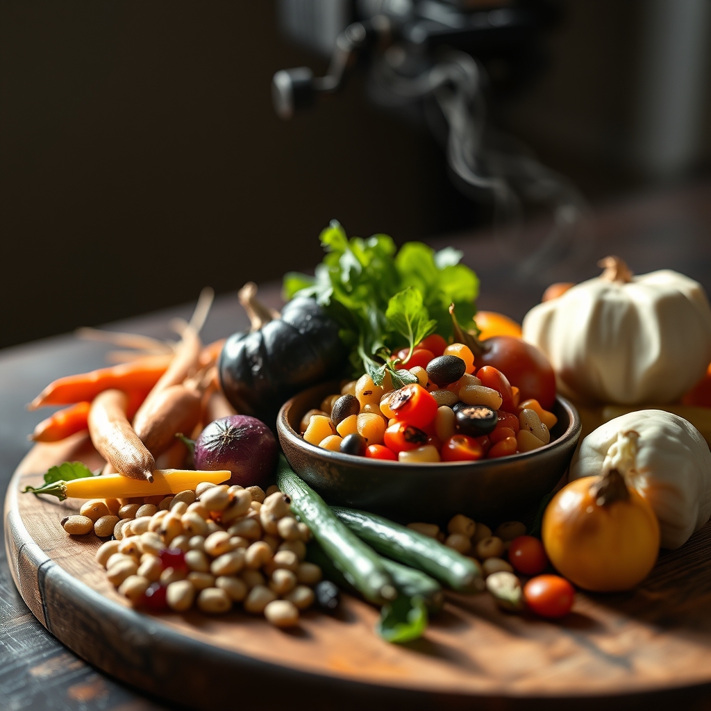 Fresh seasonal vegetables and legumes arranged on a wooden board in natural daylight