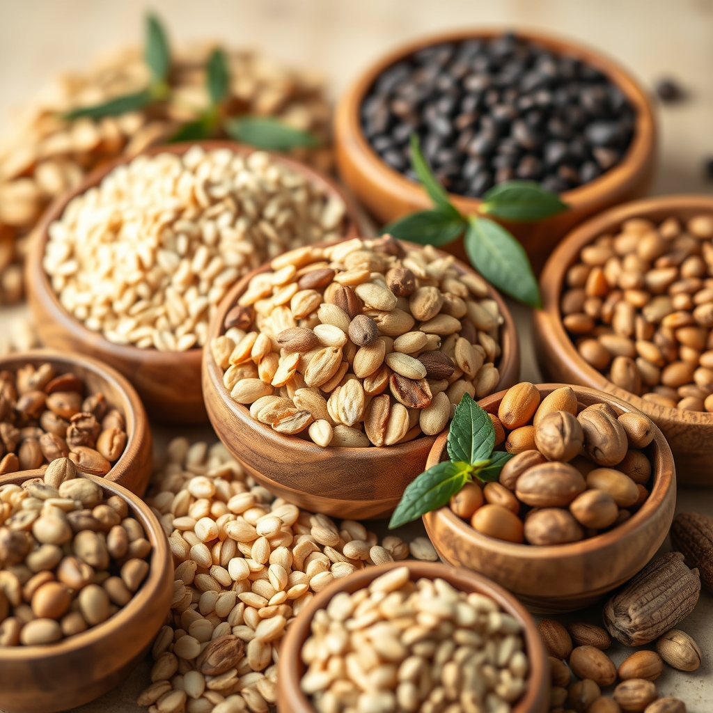 A variety of whole grains, nuts, and seeds displayed in natural wooden bowls